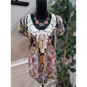 Style & Co Women’s Multicolor Paisley Scoop Neck Short Sleeve Top Blouse Medium